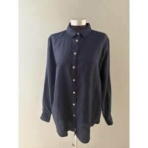 QUINCE Linen Button Up Shirt Womens Sz L Deep Navy Long Sleeve Preppy Minimalist